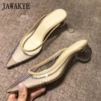 

Simple transparent pvc Slippers women pointed toe round crystal ball high heel sandals genuine leather 2019 new summer shoes