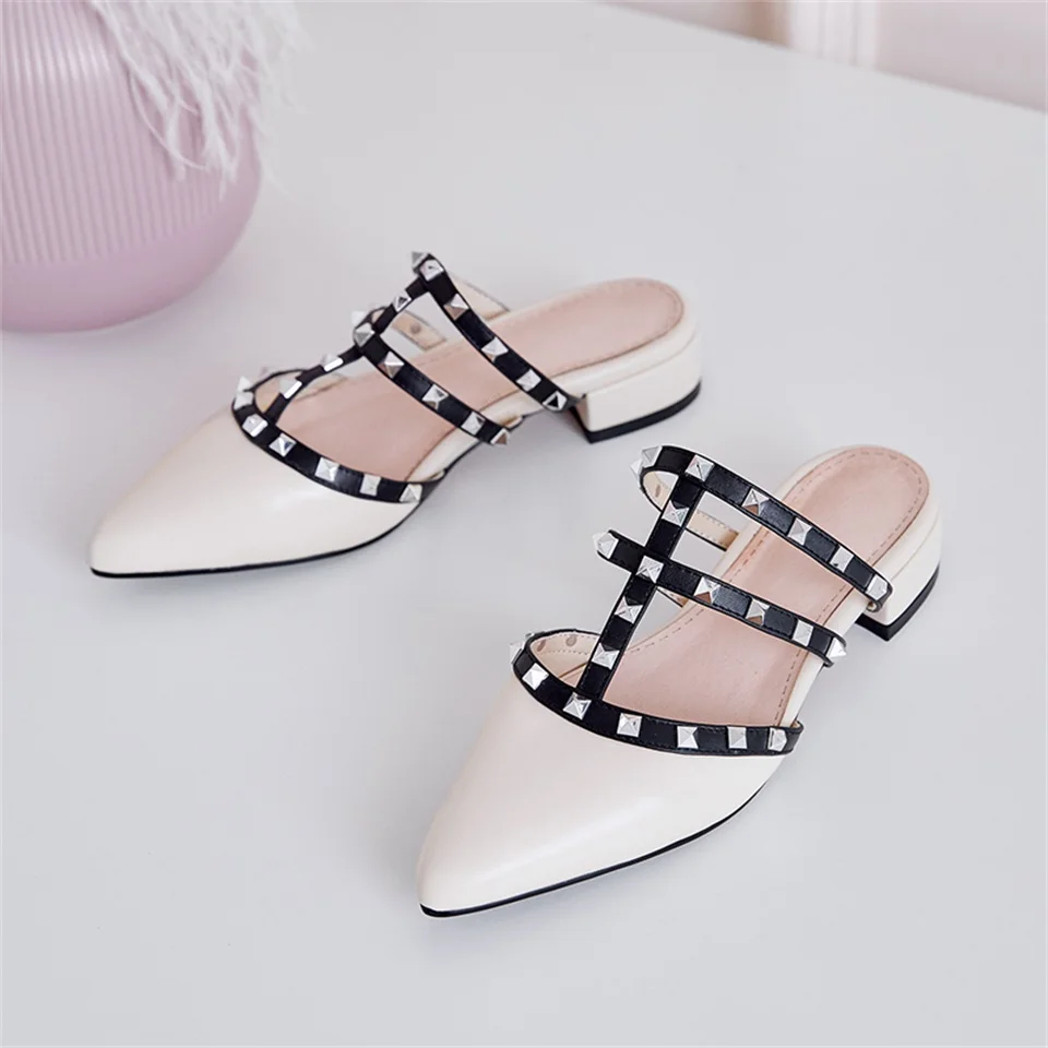 

Spring and summer women's slippers real cowhide fabric fashion rivets female slippers comfortable breathable women's shoes