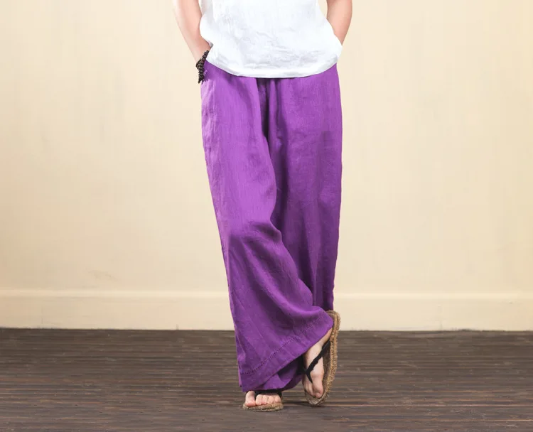 LZJN Women Culottes Wide Leg Pants 2019 Summer Long Trousers Elastic Waist Pockets Solid 5 Colors 100% Linen Pants Loose Bottoms (45)