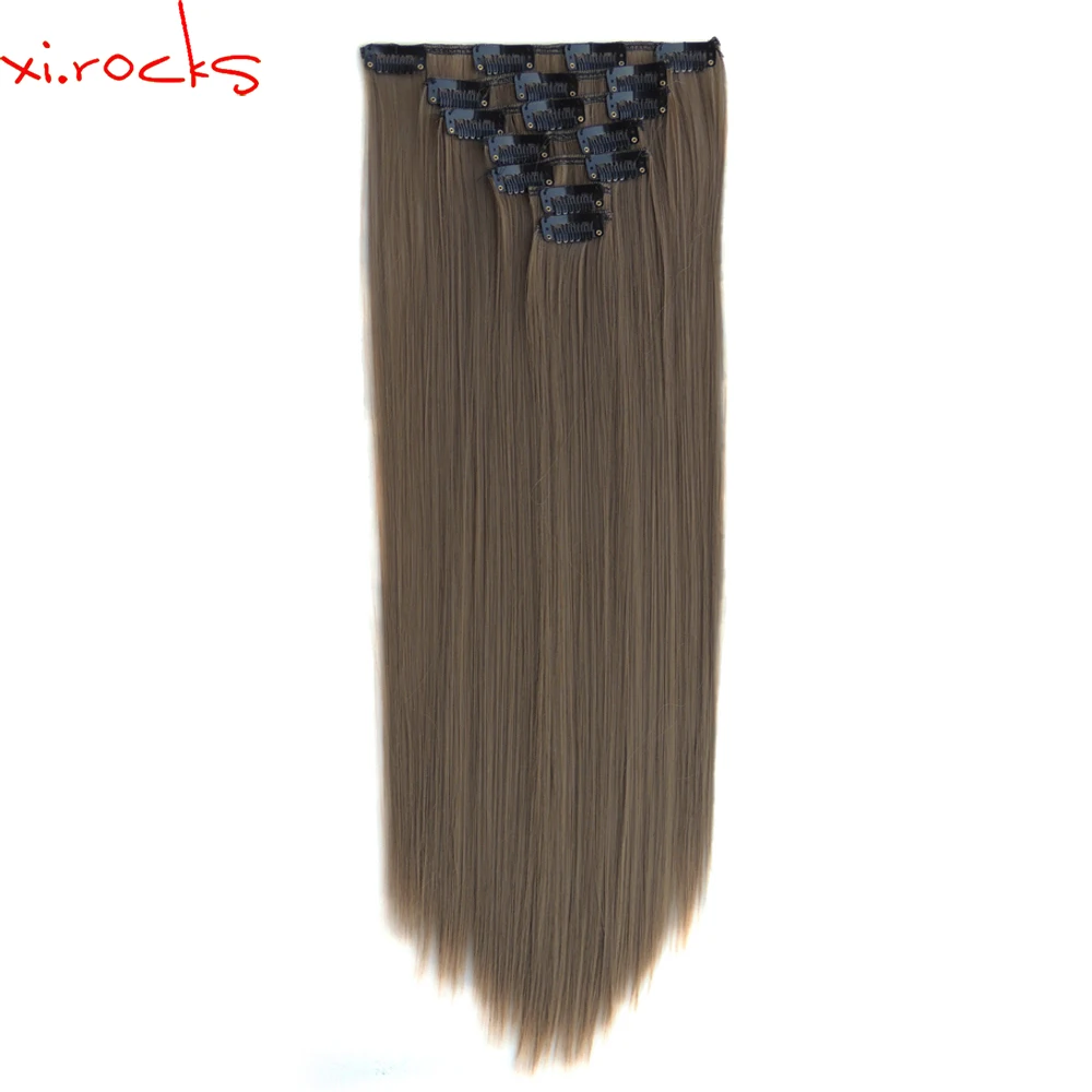 

2set 7pcs/set Xi.rocks Synthetic Clip in Hair Extensions 55cm Straight Hairpiece Clips on Hair Extension 130g Sandy Taupe 68
