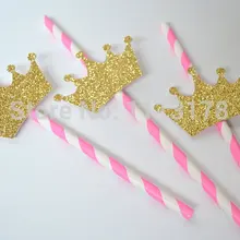 На заказ дешевые золотые блестки принцесса Корона соломки для дней рождения baby shower свадьбы, свадебные душевые. Вечерние Бумага соломинки