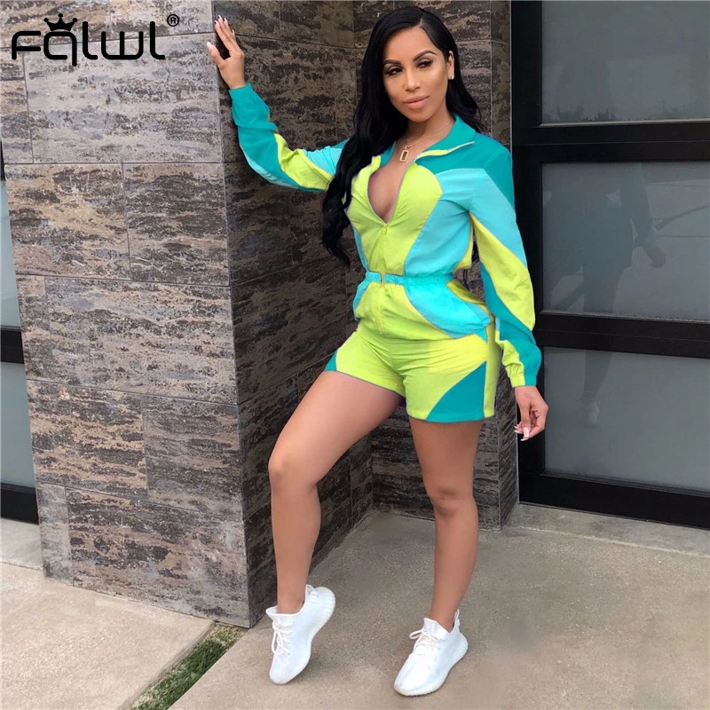 

FQLWL Patchwork Colorful Streetwear Sexy Bodycon Short Jumpsuit Women Playsuit V Neck Ladies Summer Rompers Womens Jumpsuit 2019