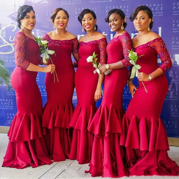 2018 Sexy Mermaid Bridesmaid Dre African Mermaid Bridesmaid Dress Beaded Lace Long Sleeves Wedding Guest Dresses Formal Gowns for Prom Party