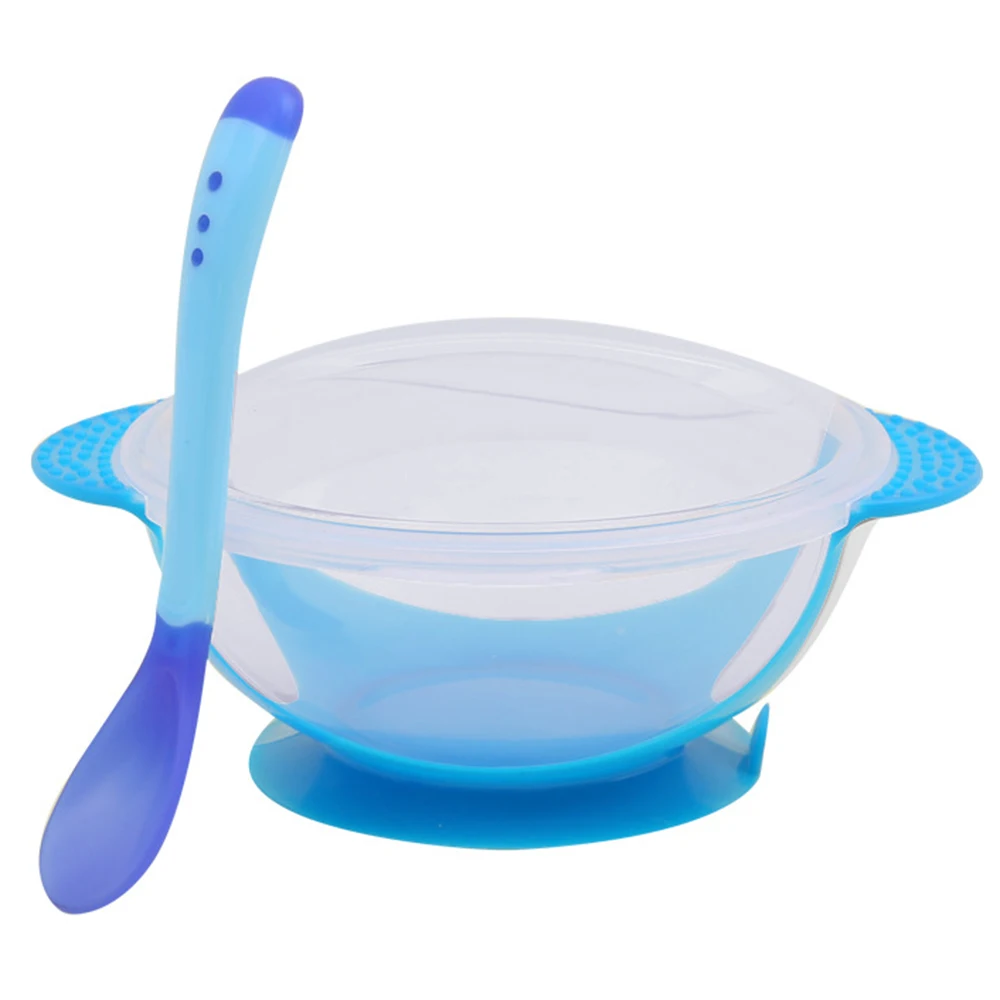 Детская обучающая посуда с присоской, Детская безопасная столовая посуда, набор, вспомогательная чаша, температурная Чувствительная ложка, посуда, тренировочная миска - Цвет: Blue bowl