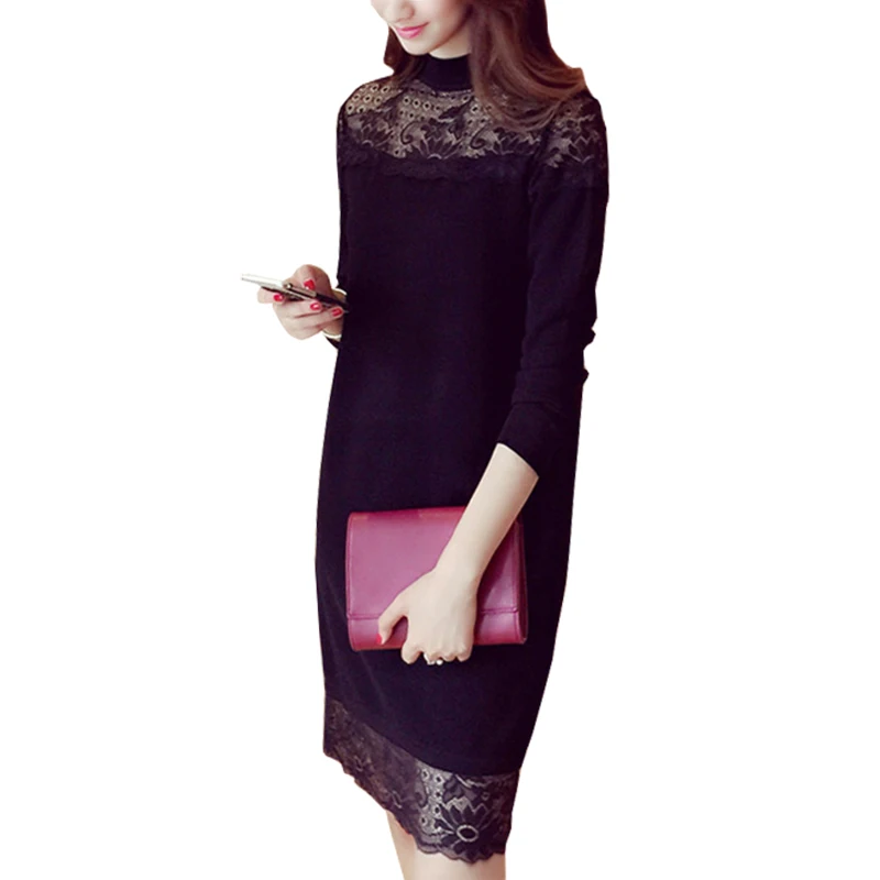 2021 Autumn Sweater Dress New Lace Stitching Jumper Round Neck Long Pullover Bottoming Sweaters Women Thin Vestidos LXJ218 | Женская