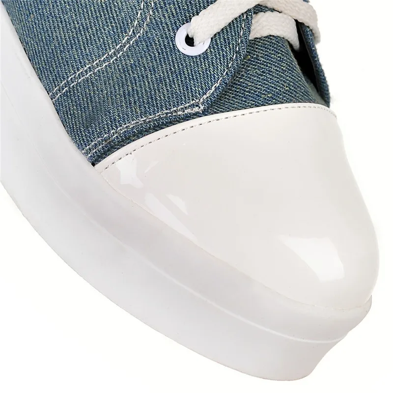 ENMAYLA Новинка джинсовые сапоги средней длины обувь на среднем каблуке модные женские зимние утепленные ботинки большие размеры: 34–43 обувь на платформе со шнуровкой черного и синего цвета