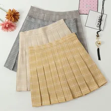 Клетчатая юбка в консервативном стиле, плиссированная выше колена, Мини Длина, натуральная Талия, лето