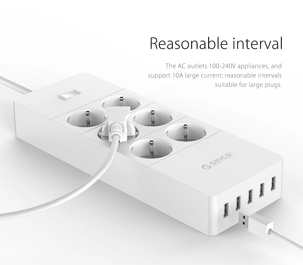 ORICO power Strip EU Plug 6 Защита от перенапряжения EU power Strip с портами 5x2. 4A USB зарядное устройство-белый (HPC-V1)