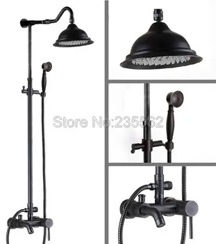 

Bathroom Rain Shower Faucet Set Black Oil Rubbed Wall Mounted Single Handle Tub Mixer Taps Brass Finish with Hand Shower lrs602
