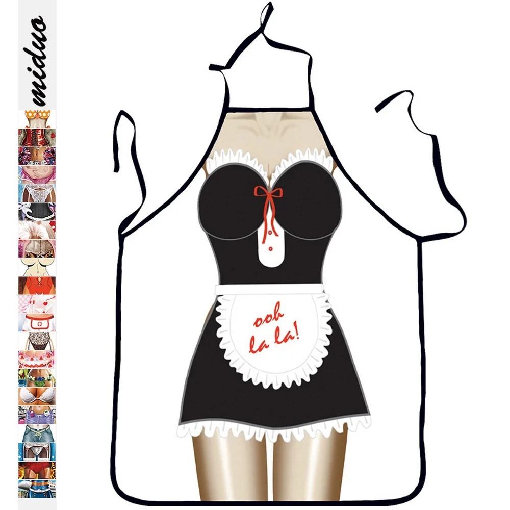 

Sexy Female Kitchen Apron Easy To Clean Hanging Neck 3D Digital Printing Female Funny Body Anti-fouling
