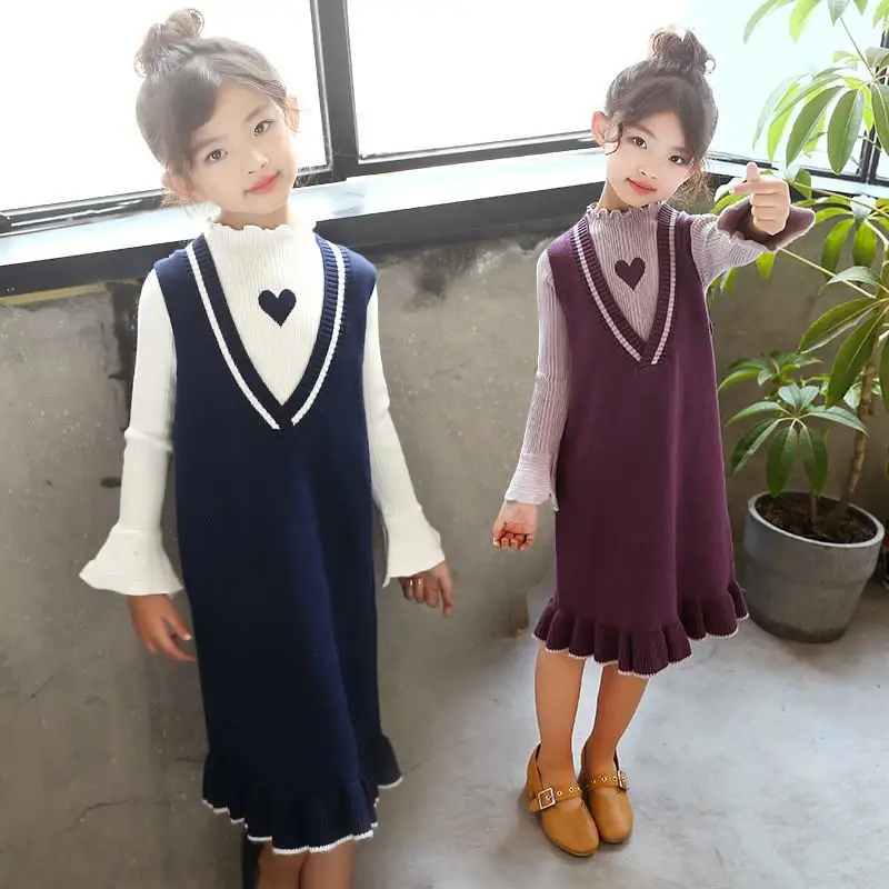 

Autumn Winter Kids Girls Knitted Sweater Dress Teenagers Long sleeve Pullover Top Vest Dress Sets Children Solid Casual Suit Q44