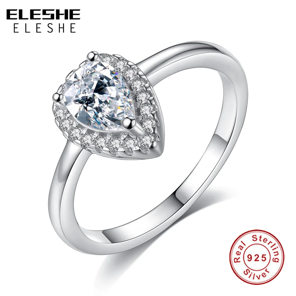 ELESHE 2018 New Fashion Radiant Teardrop Rings Finger with Clear CZ 100% Authentic 925 Sterling-Silver-Jewelry for Women Gift
