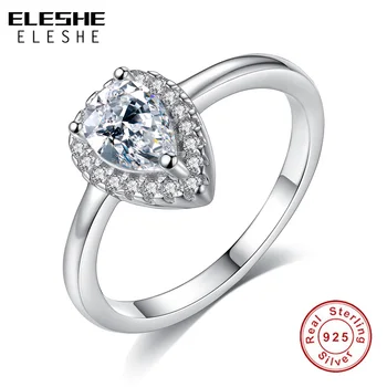 

ELESHE New Fashion Radiant Teardrop Rings Finger with Clear CZ 100% Authentic 925 Sterling-Silver-Jewelry for Women Gift