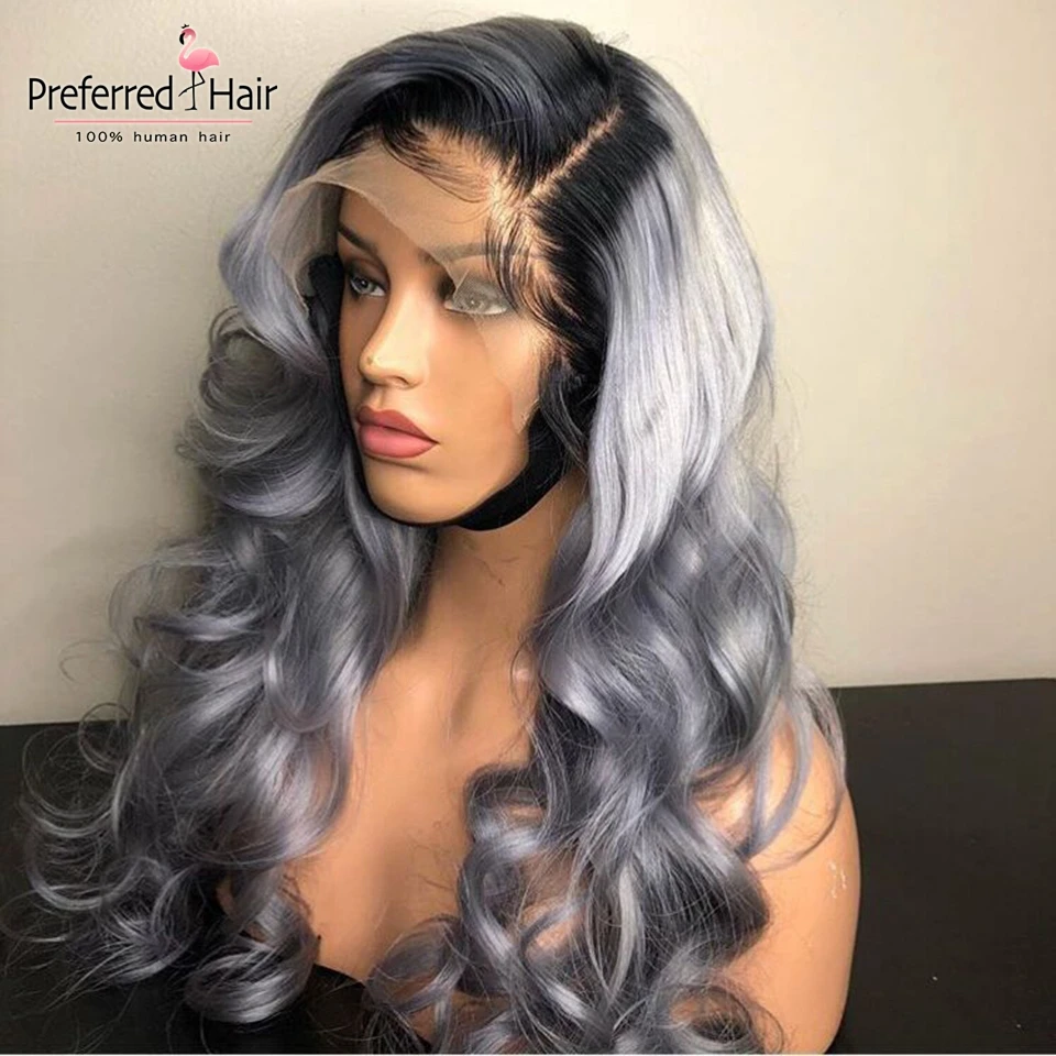 Preferred Grey Human Hair Wig With Baby Hair Ombre Lace Front Wig