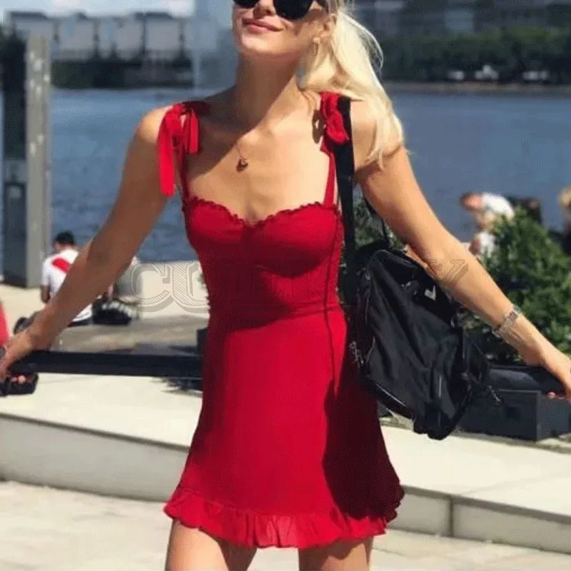 

Cuerly pretty ruffle chiffon bow dress women party club beach sundress women bodycon mini dress L5