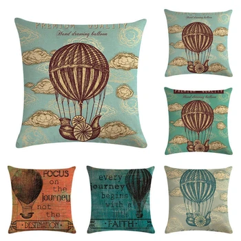

Retro Printed Linen Cushion Cover Decorative Pillows Car Chair Sofa Cartoon Hot-air Balloon Pillowcase Cushions Case Home Decor