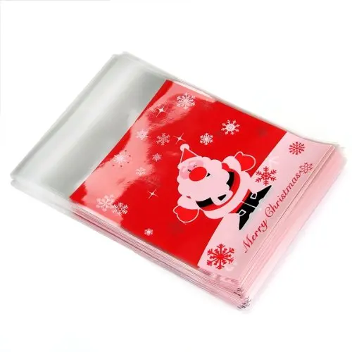 

LHBL 100 Pcs Self Adhesive Opp Bag Santa Claus Red for Candies Cookies