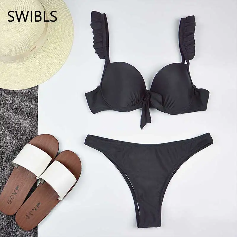 

Woman Flouncing Black Bikini White Female Bather Swimsuit Sexy Brazilian Beach Bathing Suit push-up Biquinis Women Swimwear