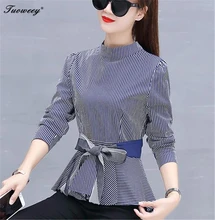 2018 Newest Casual Bow Long Sleeve Rayas Shirts sexy Women’s Peplum Tops Blue Striped Blouses For Female Fashion Autumn Blusas