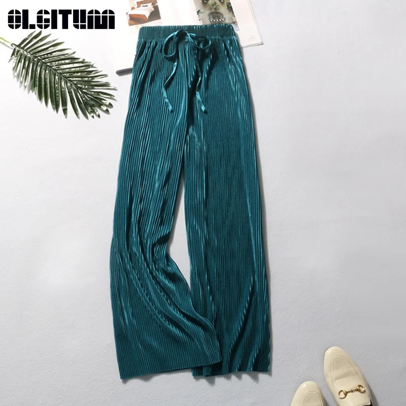 

2019 New Dress Pants Pleated Ice Silk Chiffon Wide-Leg Pants High Waist Drape Loose Casual OL Nine Pants PT217