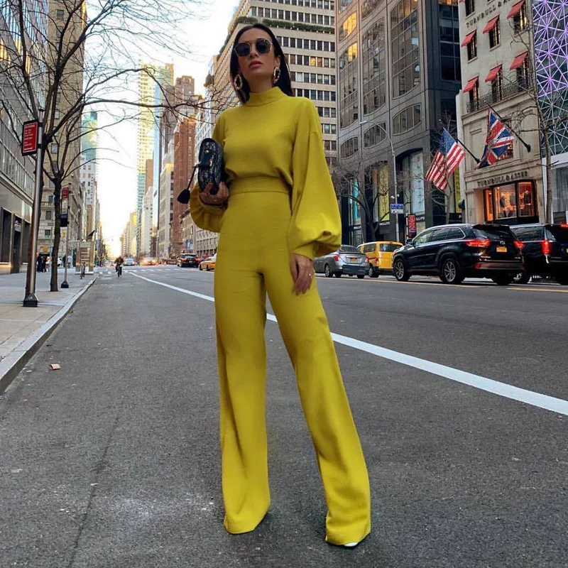 

New 2019 Women Autumn Elegant Fashion Slim Fit Solid Skinny Casual Overalls Office Look Work Lantern Sleeve Mock Neck Jumpsuits