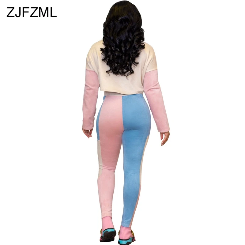 ZJFZML هندسية خليط قطعتين مجموعات الخريف ملابس النساء طويلة الأكمام المحاصيل قمم + Bodycon السراويل اللون كتلة 2 قطعة بذلة رياضية