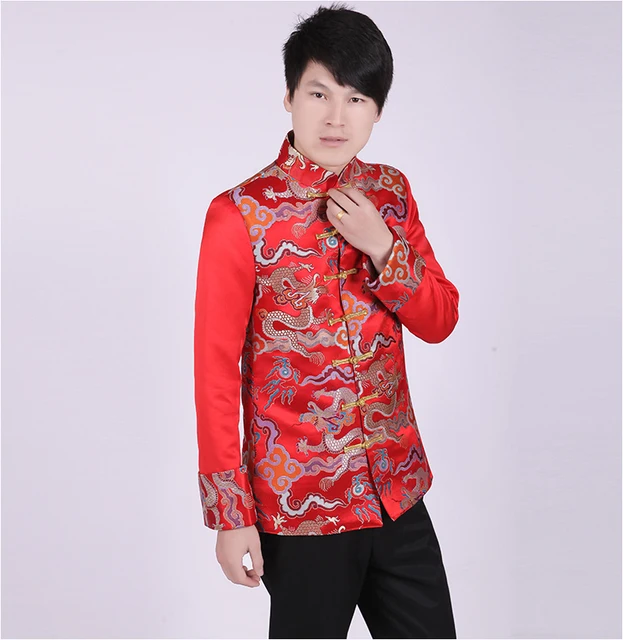 Ropa De La Boda El Novio De Hombre Tradicional Qipao Chino Antiguo Traje Hanfu Juego De La Espiga Del Vestido De Tunica De Algodon Rojo En Tops De Novedad Y De Uso