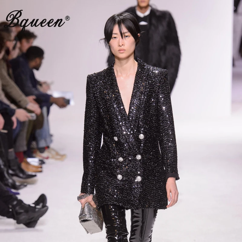 

Bqueen 2019 Solid Sequined Double Breasted Full Sleeve Deep V Neck Sexy Women Suit Coat