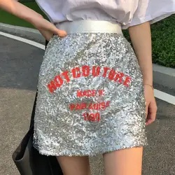 2019 Новая летняя модная уличная письмо юбка с блестками Для женщин Корейская Высокая талия сумка бедра юбка все матч мини-юбка женский