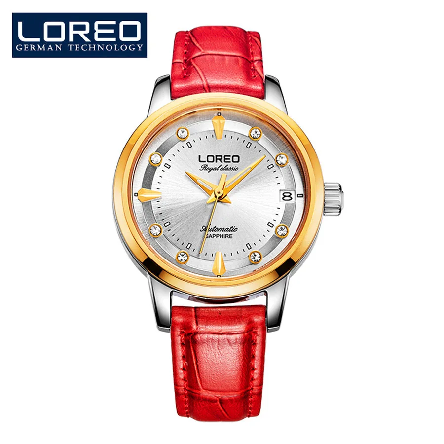 LOREO женские часы с бриллиантовым дисплеем, простые женские часы, Топ бренд, Роскошные сапфировые автоматические механические часы из нержавеющей стали - Цвет: Genuine Leather red