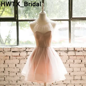 

2018 Vintage Pink Bridesmaid Dresses Halter Neck Wedding Party Dress Pleat Tulle Sleeveless Prom Bridesmaid Dresses for women