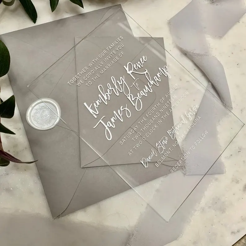 

Clear Acrylic wedding invitation with white foil