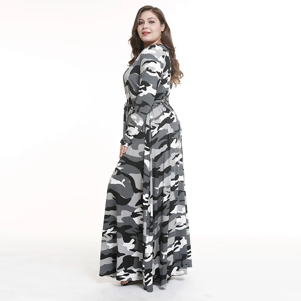 Long Sleeve Autumn Winter Military Camouflage Dresses Women Fashion Armygreen Gray Long Maxi Dress Casual Party Plus Size