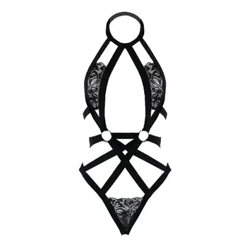 

Womens Temptation Teddy Lingerie Bodysuit Floral Lace Patchwork Strappy Bandage Nightwear Hollow Out Backless Open Butt Babydoll