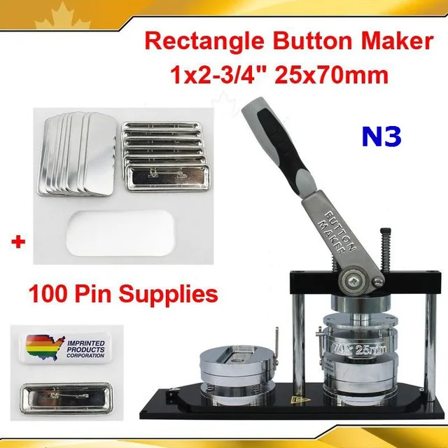 NEW Pro N3 Rectangle Badge Button Maker Machine 70x25mm +100 Sets Metal Pinback Button Supplies