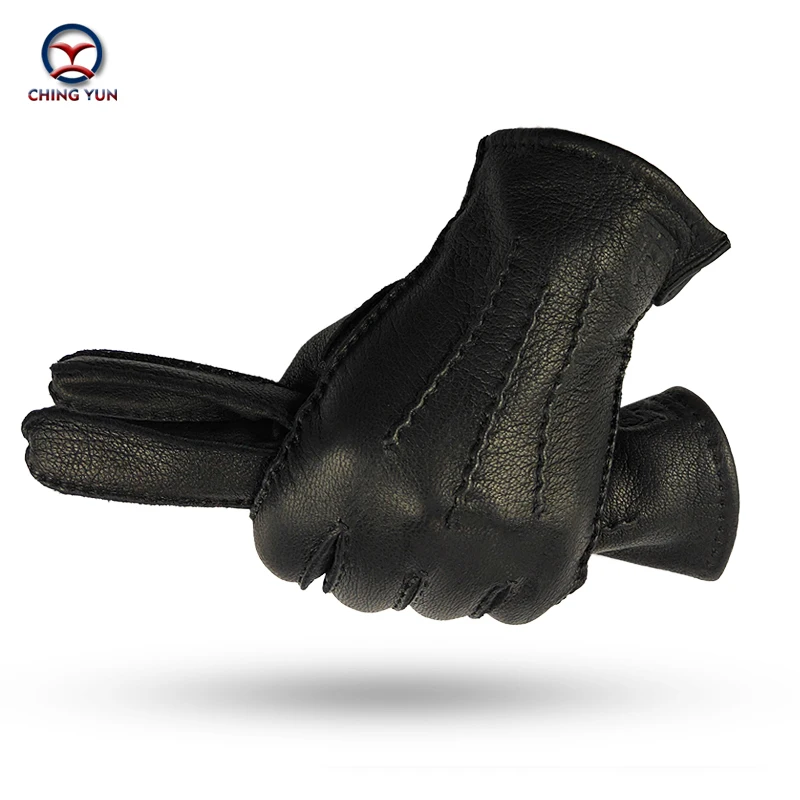 CHING YUN зимние мужские перчатки из оленьей кожи, мужские теплые мягкие мужские черные гофрированные перчатки с подкладкой из 70% шерсти