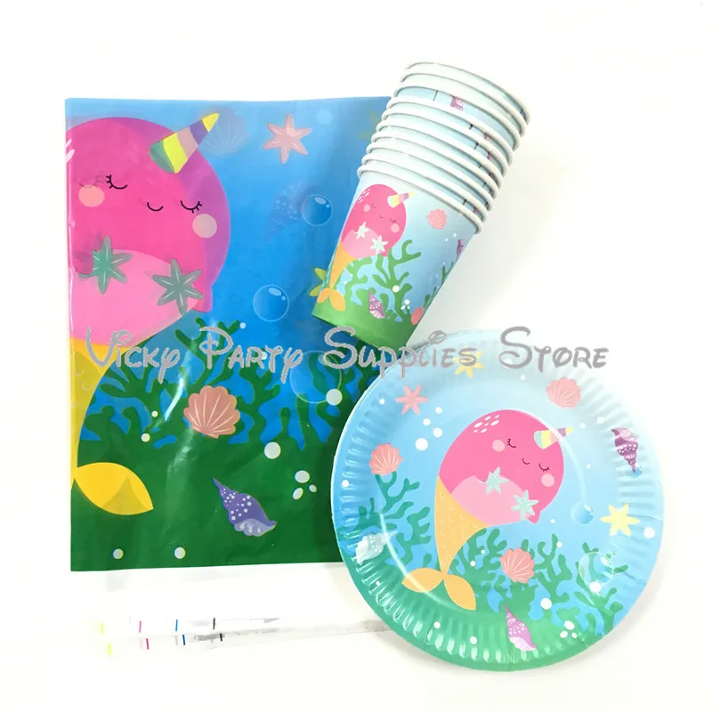 

21pcs/lot Cartoon Baby Pink Shark Whale Girl Disposable Tableware Birthday Baby Shower Plate Cup Party Decoration Supplies