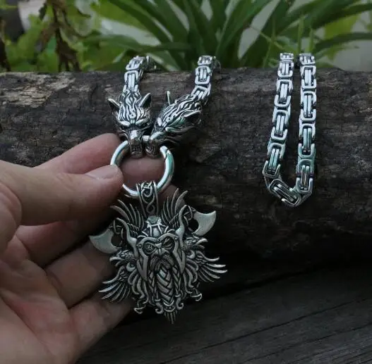 Men stainless steel necklace viking wolf head with Odin by Helena Rosova necklace pendan norse talisman ethnic jewelry