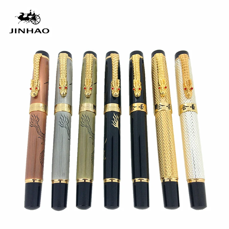 Подарочная ручка Jinhao, чистый черный цвет, с рисунком дракона, металлические ручки-роллеры, роскошная шариковая ручка с восточным драконом для подарка