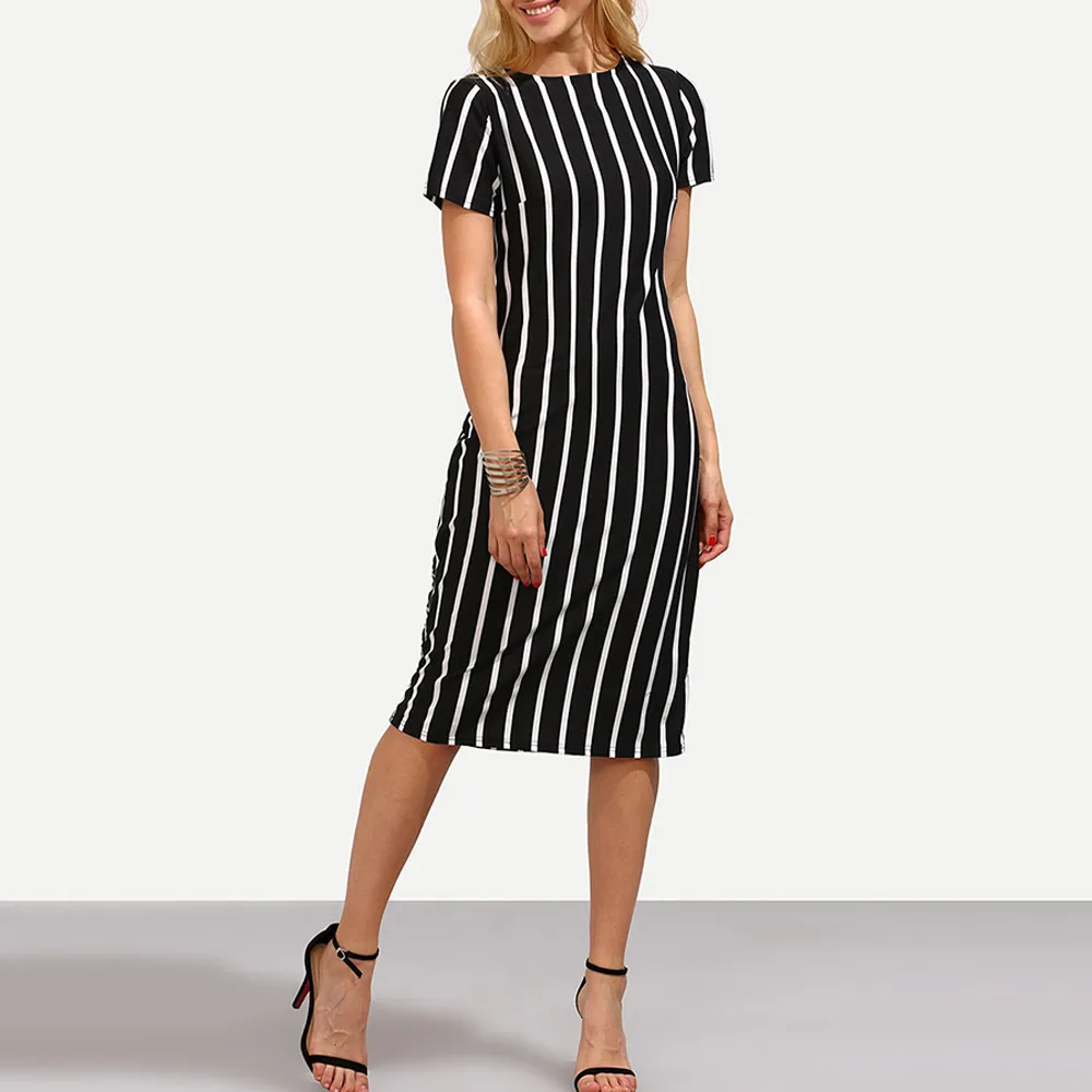 

FeiTong Office stripe sexy long dress women Short sleeve Mid-calf bodycon elegant dress 2018 Autumn beach midi dress vestidos