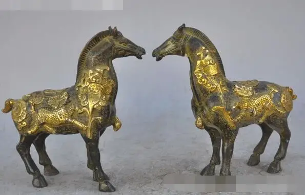 

S01332 chinese fengshui bronze gilt animal Success Horse Kirin Pixiu Lotus statue pair (A0321)