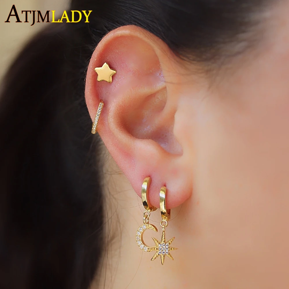 

100% 925 silver Asymmetric delicate gold color moon star cz Earrings for Women elegant Fashion bling cz AB Earrings Jewelry