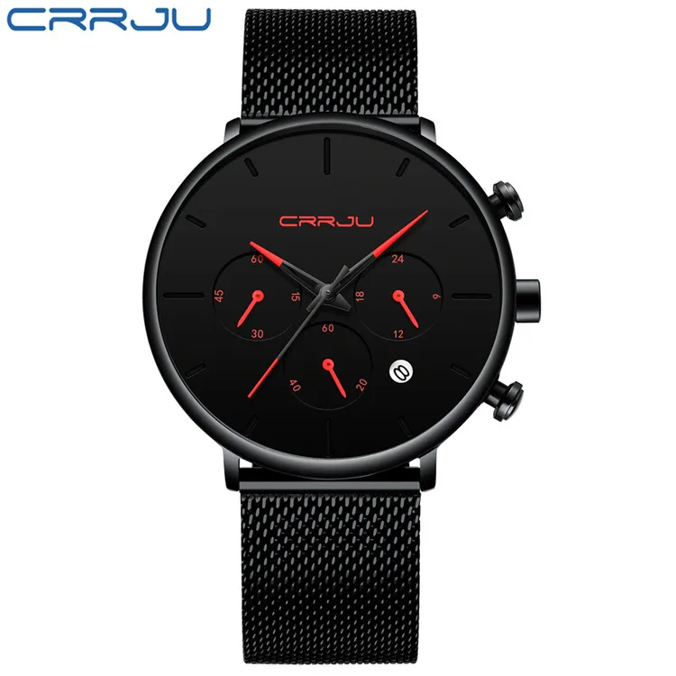 Мужские часы Relogio Masculino CRRJU, мужские деловые часы, роскошные повседневные водонепроницаемые спортивные часы, мужские кварцевые часы с 3 циферблатами, тонкие сетчатые часы - Цвет: red