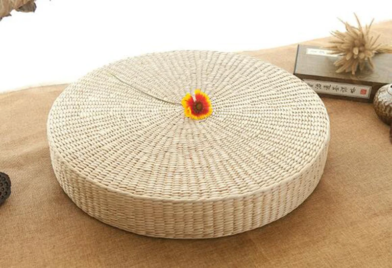 Hot 40cm*40cm Natural Straw Round Pouf Tatami Cushion Weave Handmade Pillow Floor Japanese Style Cushion with Silk Wadding