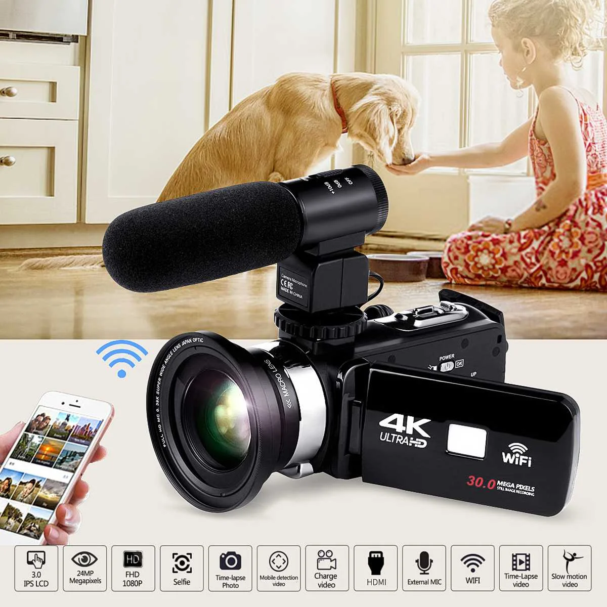 KINCO 4K WiFi Ultras HD 1080P CMOS 12 миллионов пикселей сенсор Цифровая видеокамера DV+ объектив+ микрофон