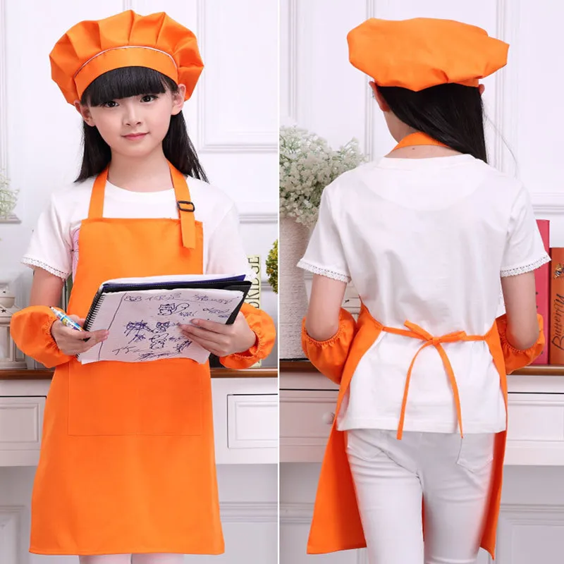 Children art Kitchen Aprons Waists 9 Colors Kids Aprons with Sleeve&Chef Hats for Painting Cooking Baking 4 pcs/set