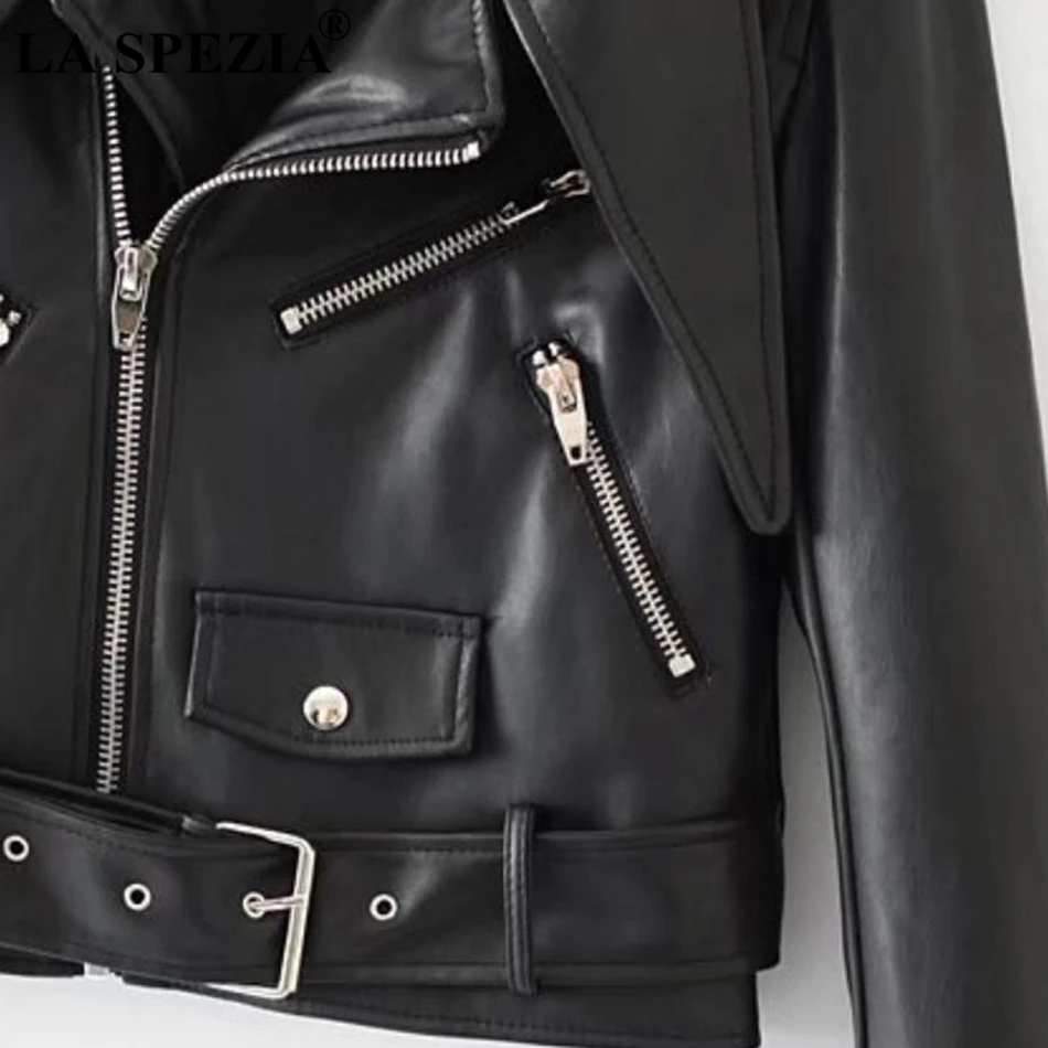 LA SPEZIA Motorcycle Jacket Women Black Leather Coats Female Biker Belt Zipper Pockets Punk Autumn Winter Classic Jackets 2019