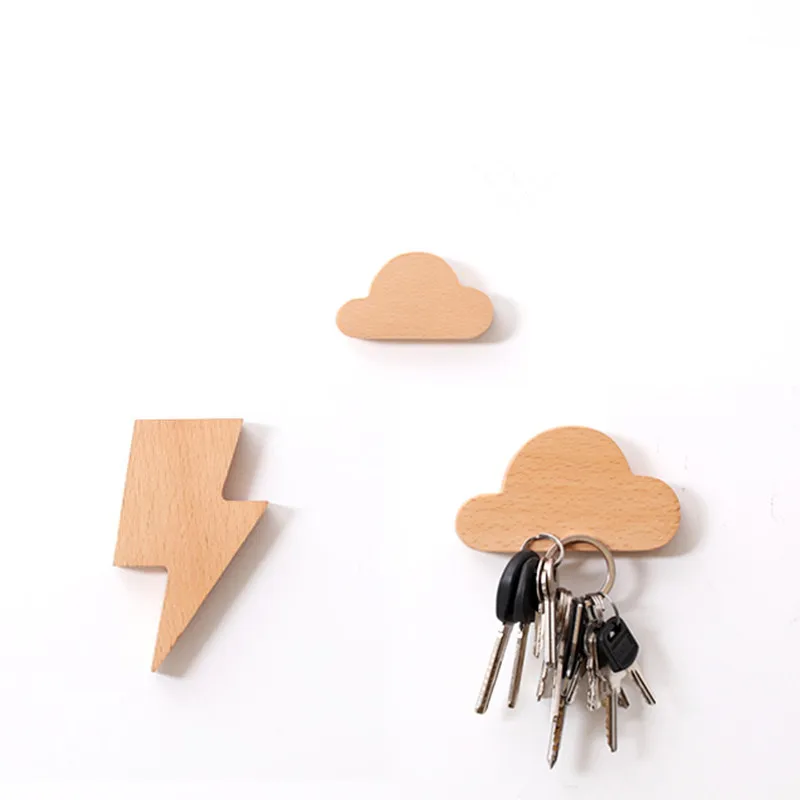 2pcs Wood Fridge Stickers Lovely Cloud Lightning Shape 3d Wall Sticks Door Hooks Keys