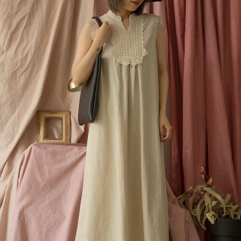 

Johnature 2019 Sumemr Harajuku Cotton Linen Sleeveless Loose Women Dresses New Patchwork Lace Solid Color Japanese Dewss
