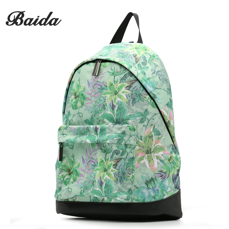 

BAIDA Fashion Women Printing Backpack Green Ladies Cool Flower Leather back backpacks Soft Fabric Waterproof Rucksacks